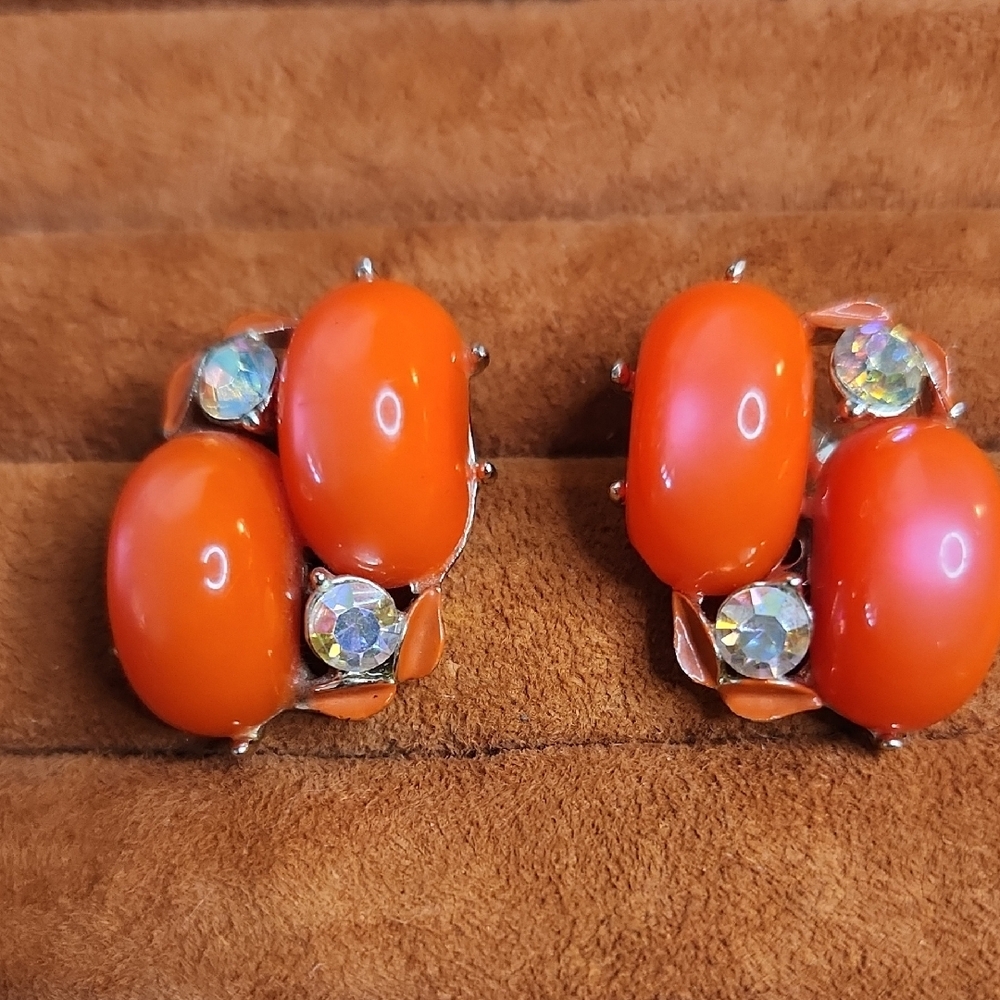 Vintage Vibrant Orange Coral Clip-On Earrings with Crystal Flowers  1960's